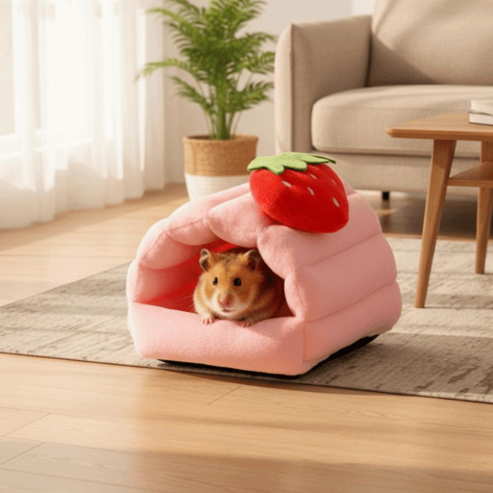 Warm Hamster Cotton Nest Thickened Cartoon Small Pet Sleeping House Strawberry Design Windproof Animal Rest Shelter
