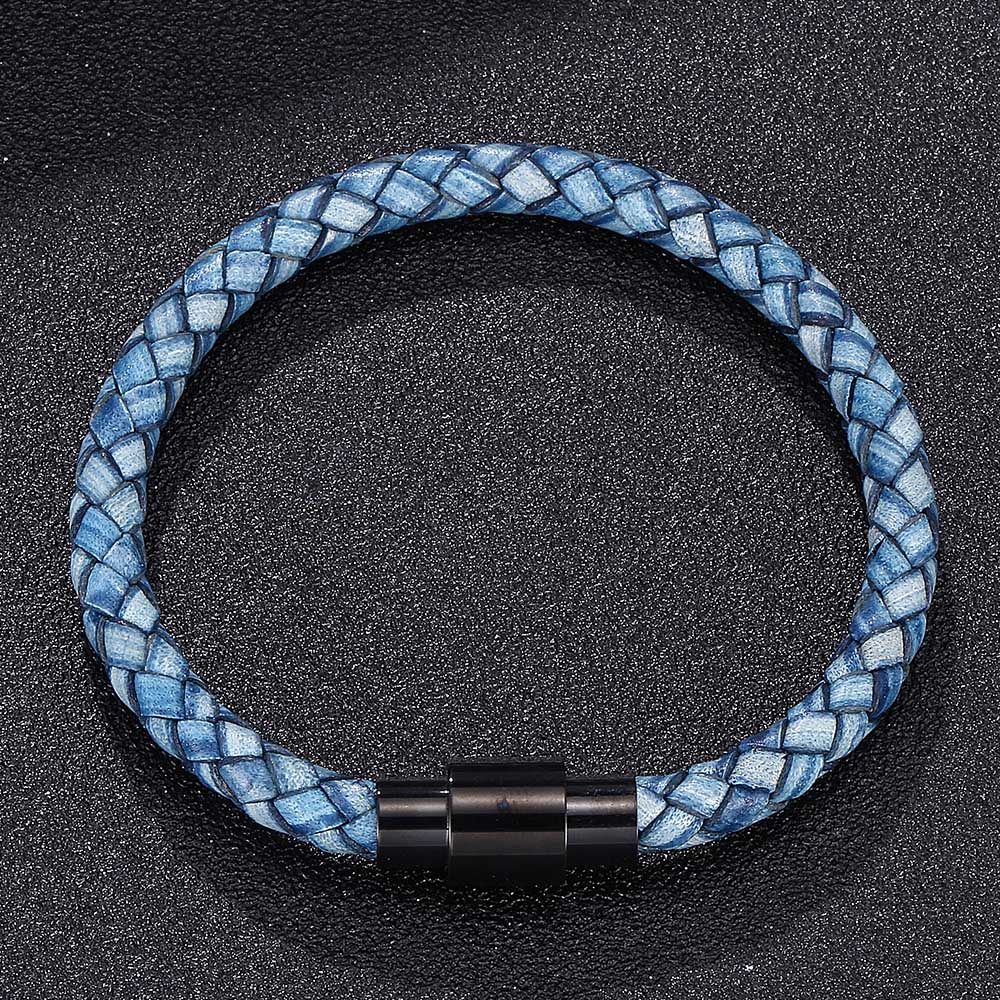 

Vintage Men Blue Leather Bracelet Charm Stainless Steel Buckle Bangles Jewelry Gift 165mm синій