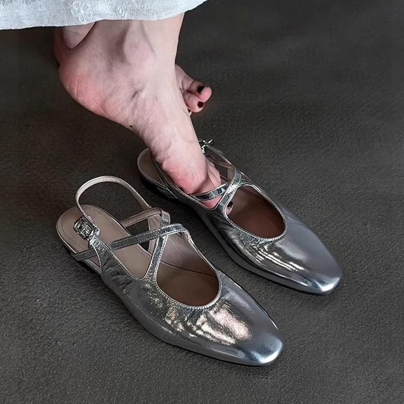 

Овчина серебристый универсальный крест с плоским дном голова сумки сандалии женские летние верхняя одежда круглая голова легкий рот пустые одинарные туфли 40