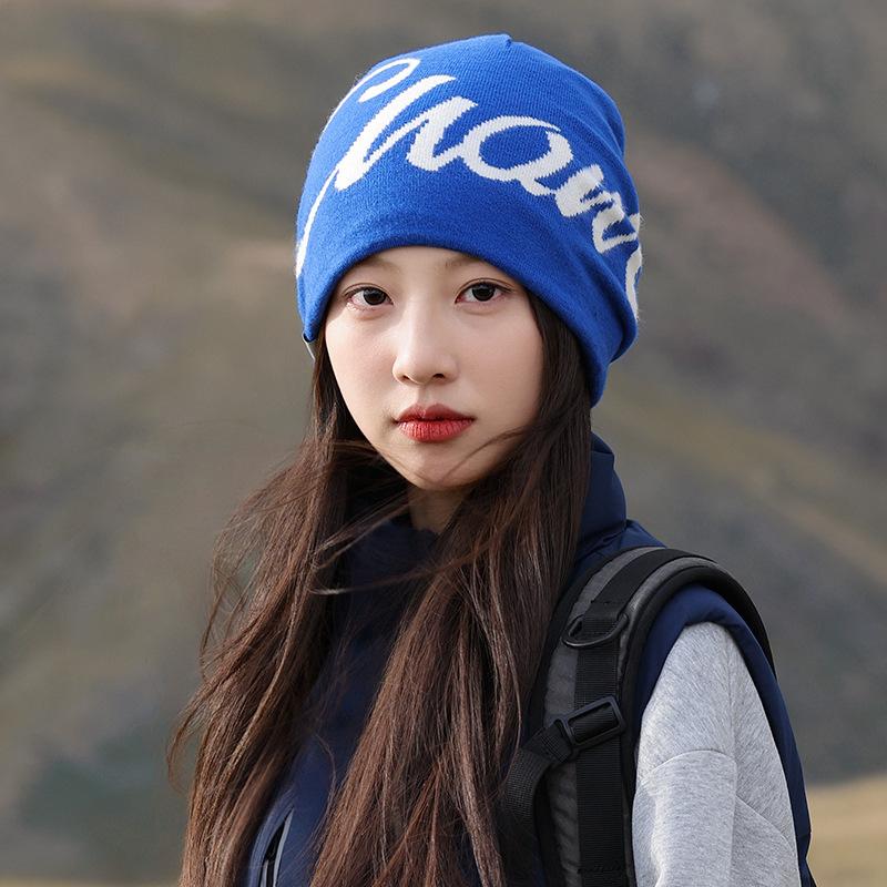 American Letter Jacquard Knitted Hat for Women in Autumn and Winter Warm and Ear Protecting Woolen Hat Versatile Face Showing Small Baotou Cold Hat