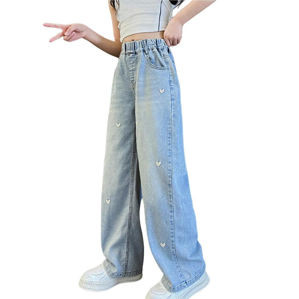 Pantaloni Strappati Estivi Bambina Jeans a Doppio Bottone Pantaloni a Gamba Larga per Bambina