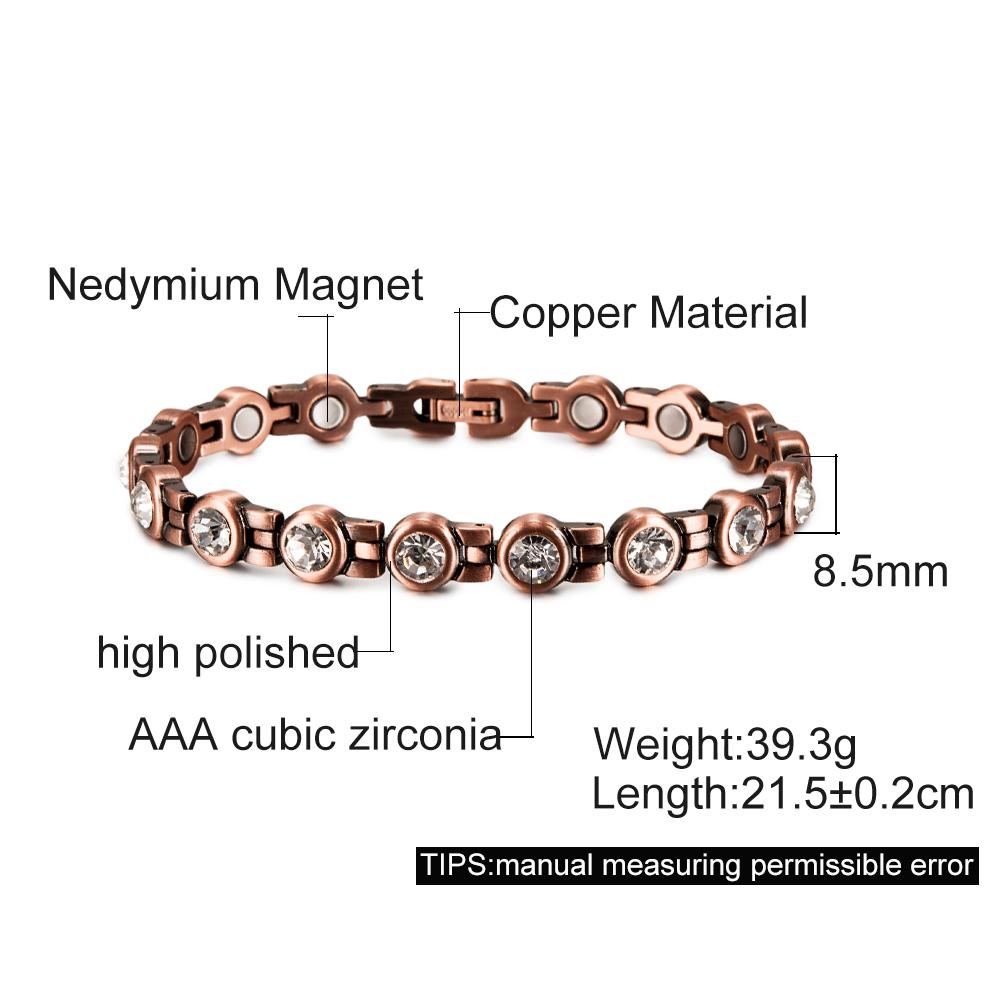 Ikuinen Magnetic Pure Copper Bracelets for Women Cubic Zirconia Chain Link Solid Metal High Magnet Jewelry