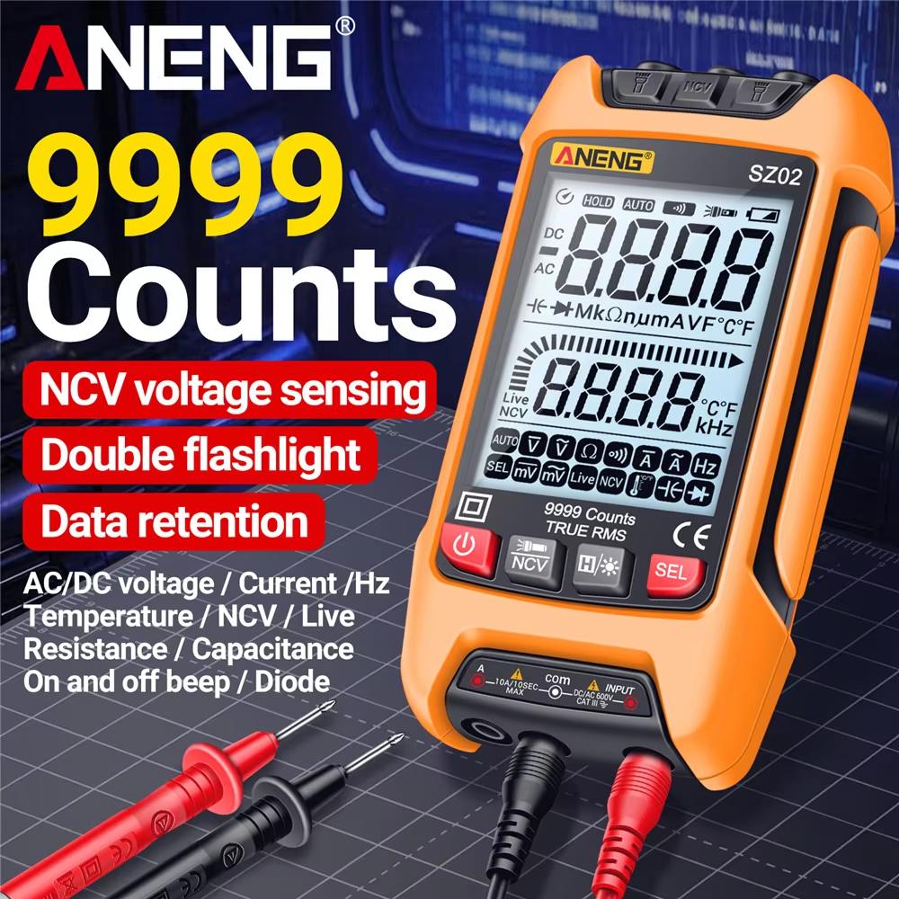 New SZ02 Digital Multimeter Transistor Smart Tester 9999 Counts True RMS Auto Electrical Capacitance Meter Temp Resistance Tester with Digital Display