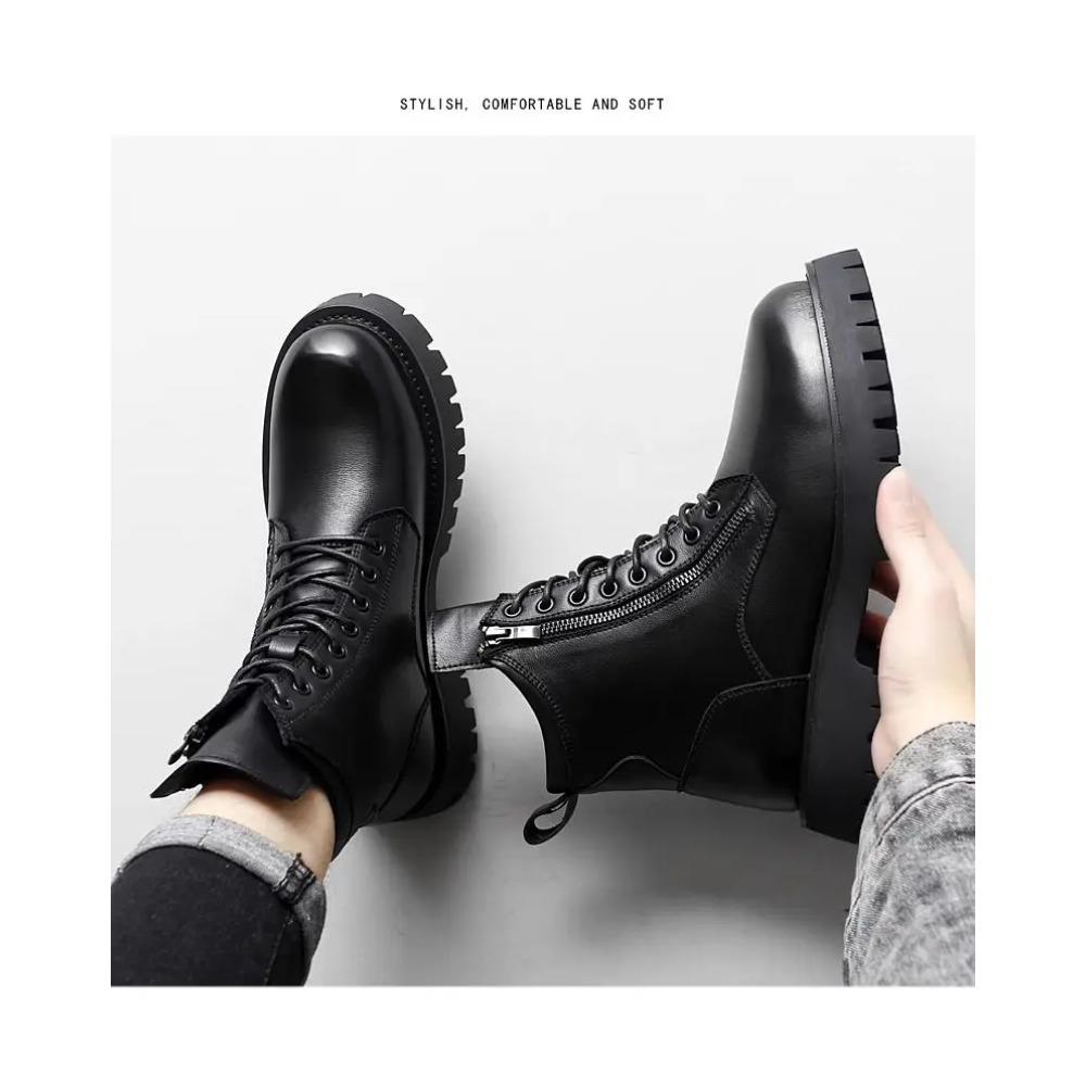 Men's High-top Soft Leather Medium-top Thick-soled Tooling Locomotive Versatile Height-increasing Winter Velvet Cotton Shoes