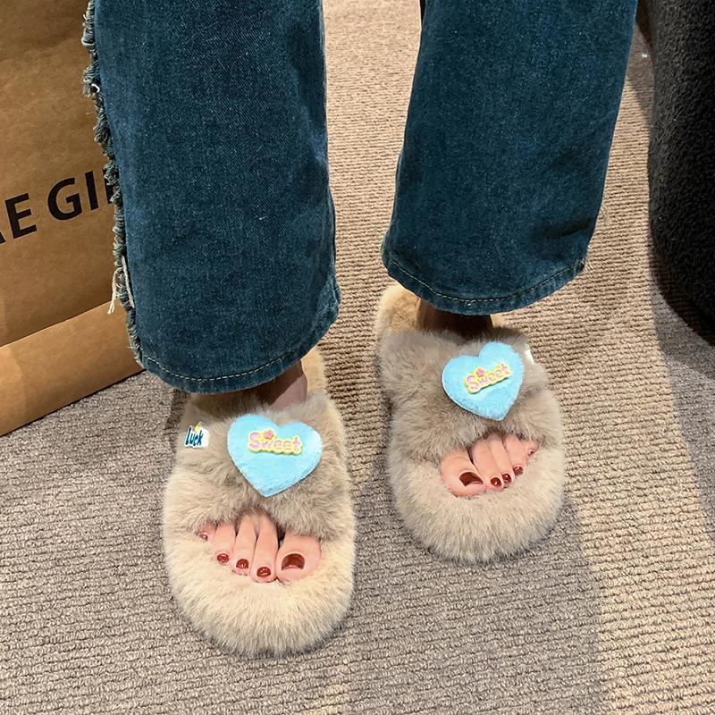 Aphixta 2024 Sweet Warm Winter Furry Slippers Luck Love Decoration Cute Women Indoor Slippers Shoes Dec Flat Heel Hair Slides