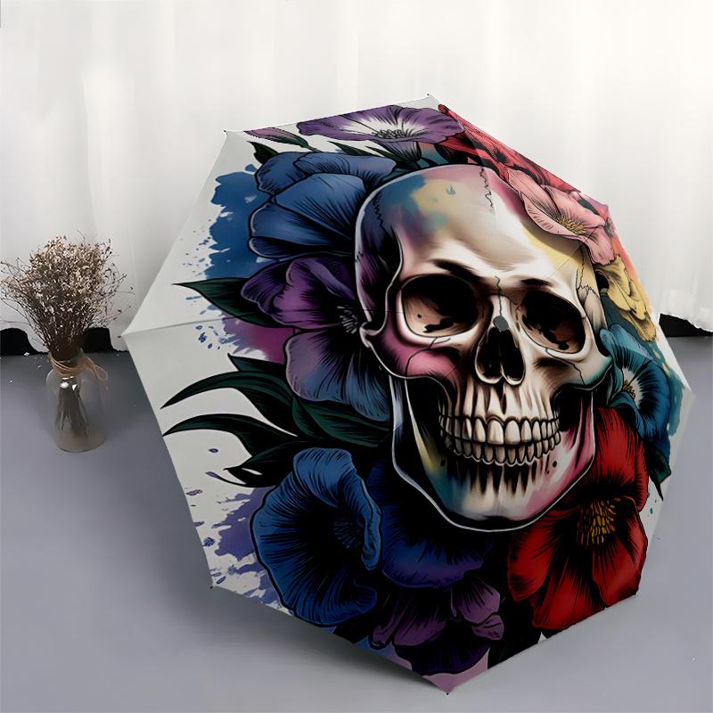 1pc Day of the Dead Skull & Flowers Artwork Automatic Opening and Closing Folding - A Good Choice for Gifts, Fashionable and Convenient Umbrella