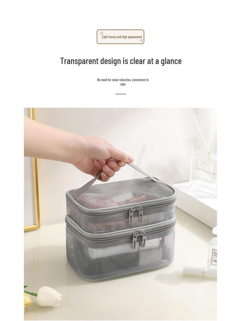 Large Capacity Double Layer Mesh Makeup & Toiletry Bag - Portable Travel Cosmetic Storage