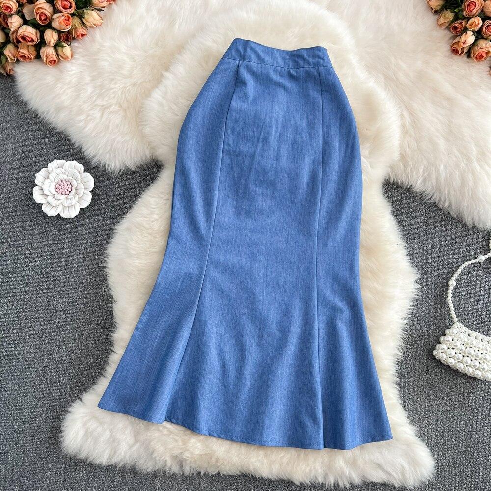 High Waist Thin Medium And Long Split Hip Wrap Skirt Women's Summer Solid Color Versatile Slim Denim Fishtail Skirt
