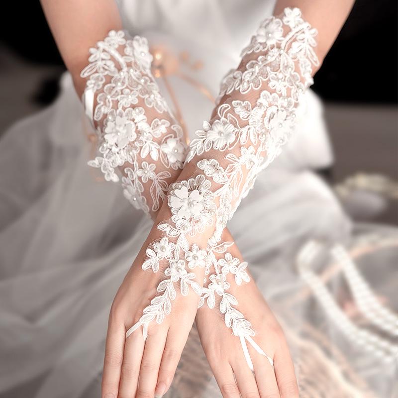 Long Lace Bridal Gloves with Floral Design for Wedding and Stage Performance