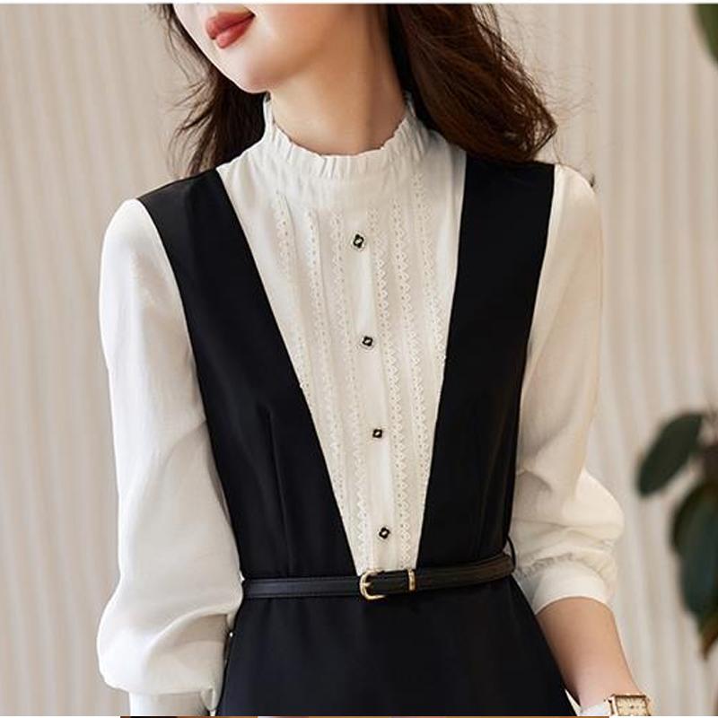 İlkbahar Sonbahar Kontrast Renk Moda Uzun Kollu Midi Elbise Kadın Yüksek Sokak Slim Zarafet Yama İşi Sahte İki Parça Vestidos