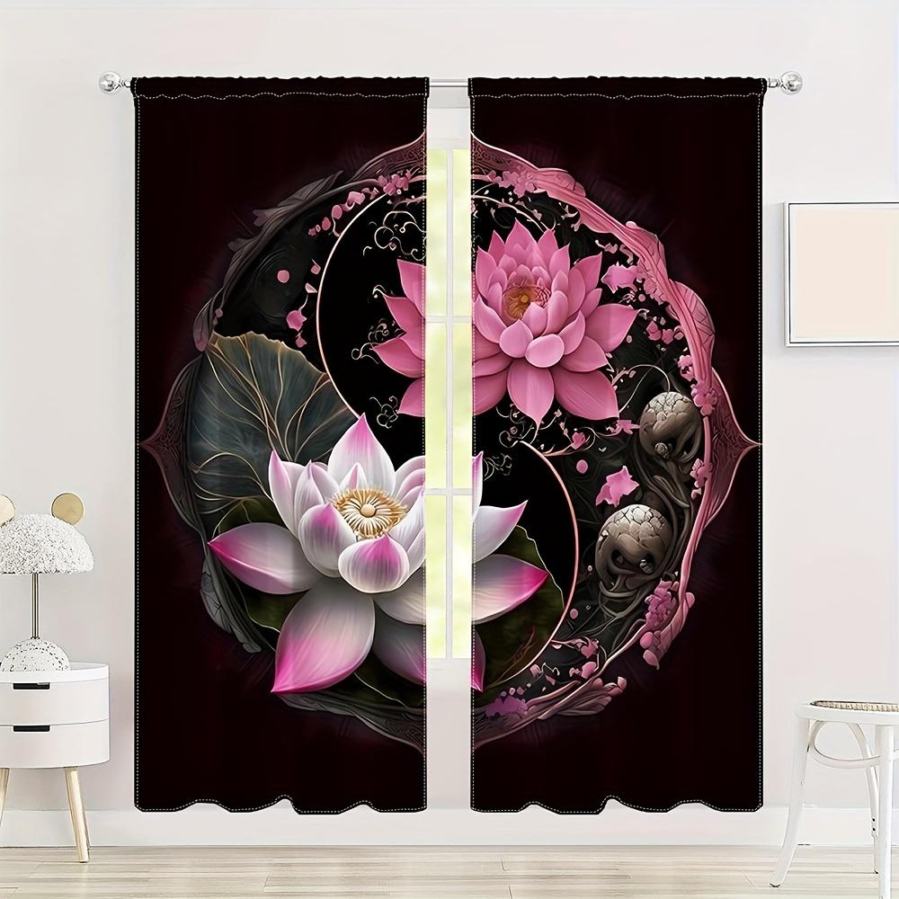 2pc Chinese Ink Painting Red Flower Printed Curtain For Bedroom Office Kitchen Living Room Rod Pocket Window Treatment For Home