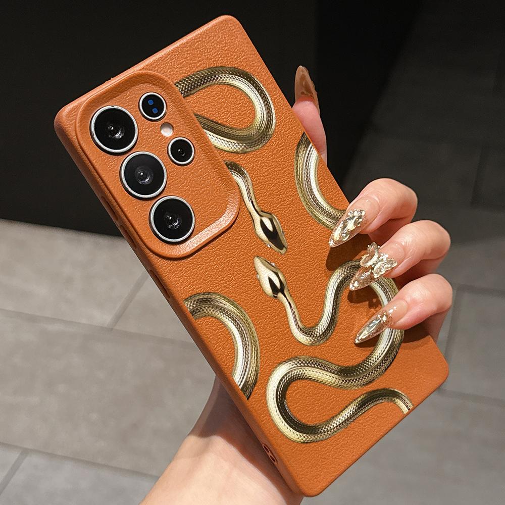 

Samsung A07 A16 A06 Xiaomi Redmi 13C 14C для iPhone 17 Pro Max Infinix Realme Чехлы для телефонов Мягкий коричневый Кожаный узор TPU Чехол NY58 Золотой Дизайн змеи for iPhone 7/8