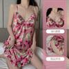 Women's Satin Print Deep V Padded High Slit Backless Cami Sleep Dress Lounge Set