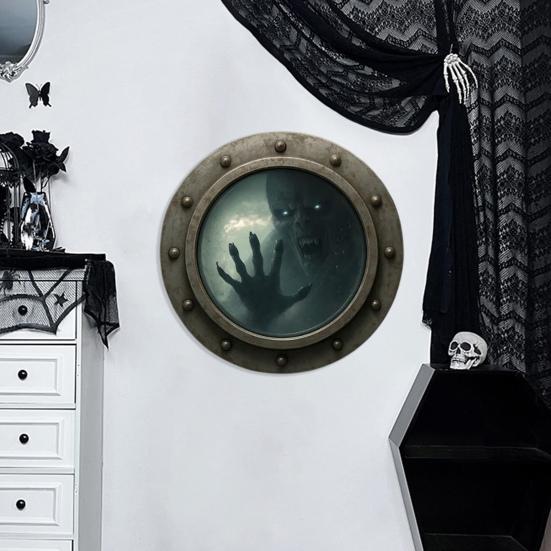 Haunted Porthole Wall Decor Halloween Vintage Ghost Ship Round Window with Rustic Copper Frame 3D Horror Gothic Home Decor for Living Room Bedroom