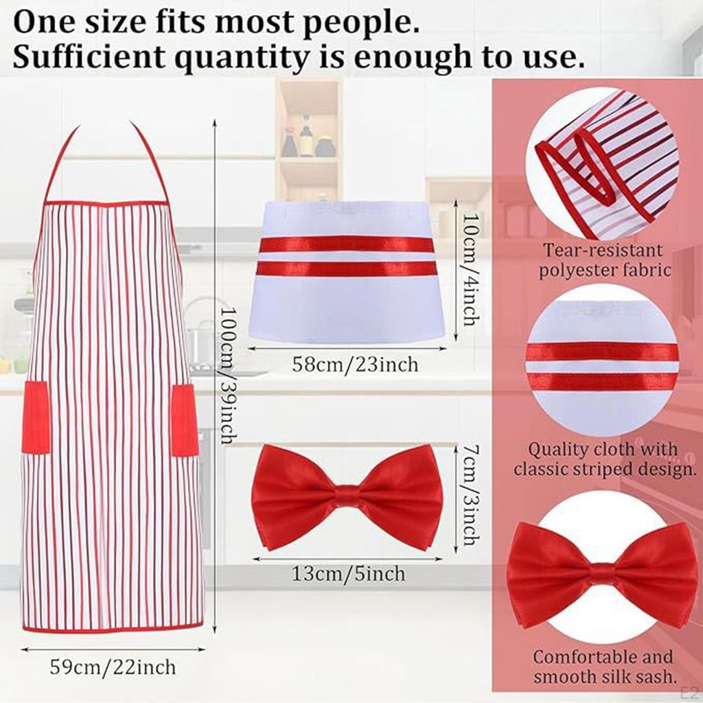Waiter Adult Costume Kit Red White Striped Apron Soft Multiuse with Two Pockets