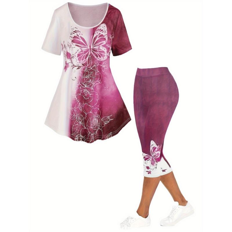 Plus Size Matching Sets Summer Female Large Size Blue Butterfly Print Color T-Shirt Short Sleeve Print Pants Casual Two-Piece Se