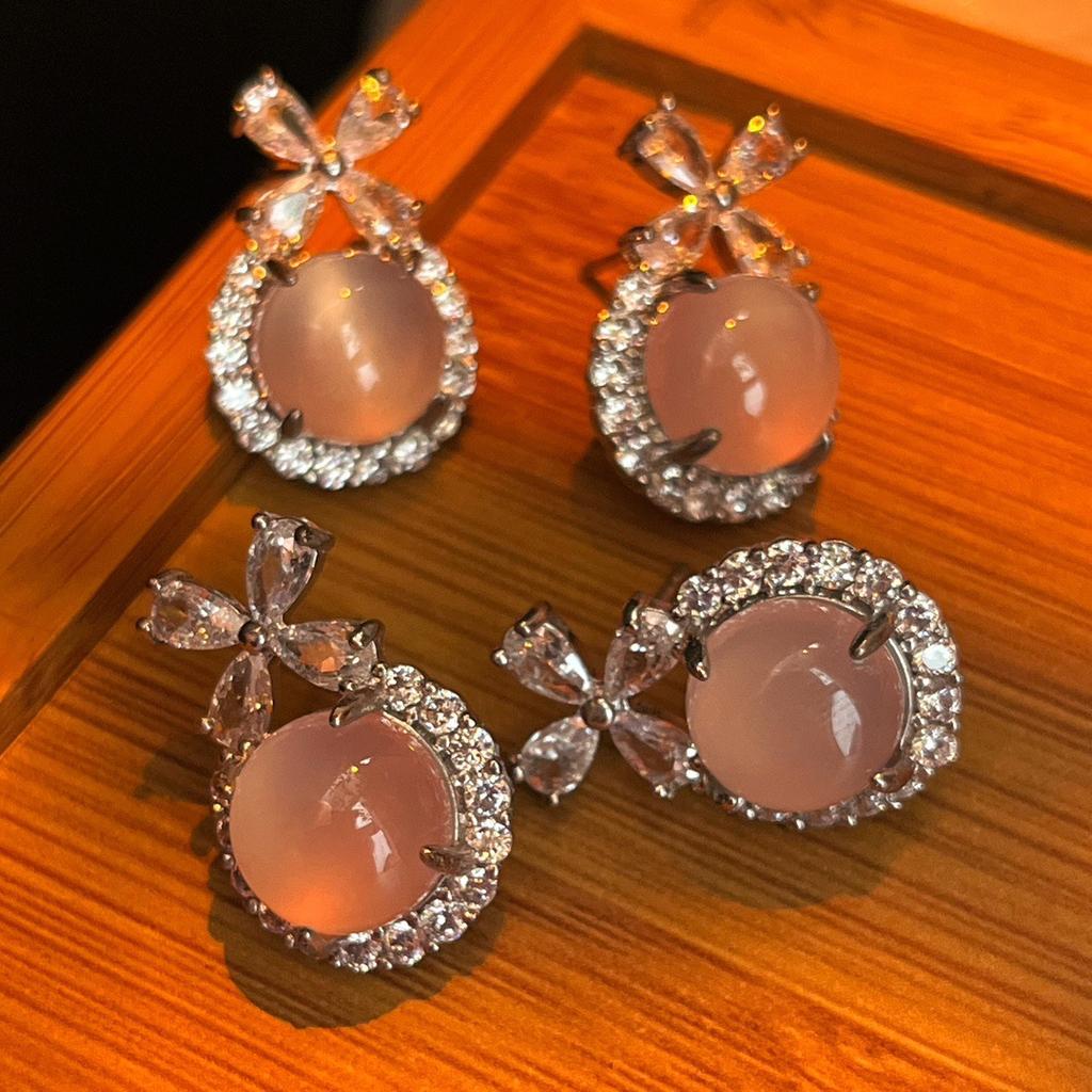 Jadeite Powder Ice Color Glowing Natural Powder Chalcedony Earrings Agate Studs, Real Shot