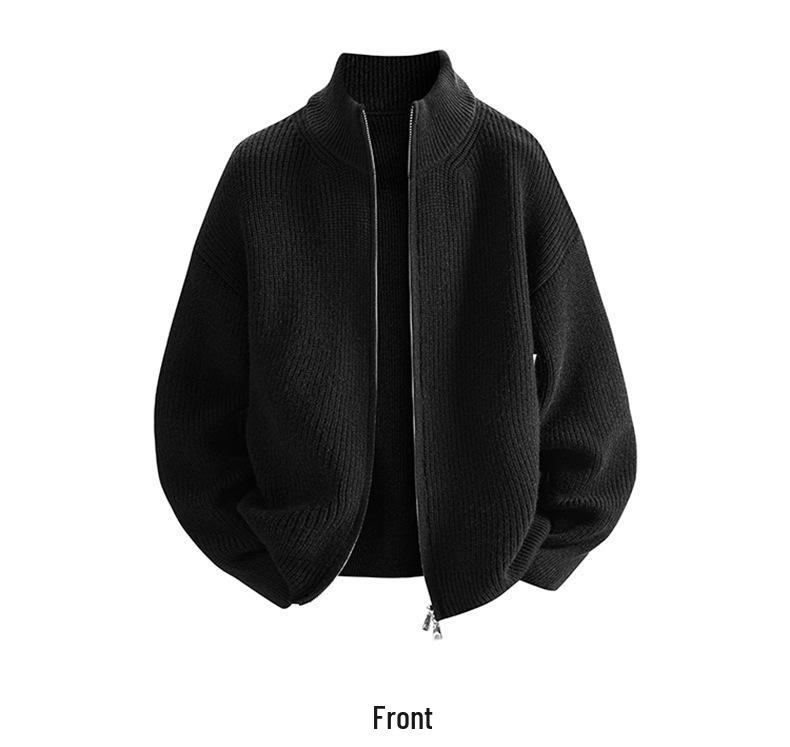 Men's Stand Collar Knitted Cardigan Sweater - Winter Trend, Loose Fit, Solid Color, Zipper Closure