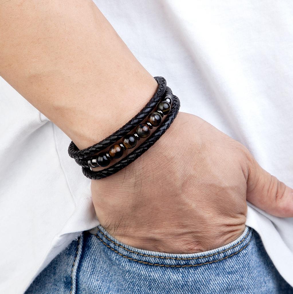 Trendy Multilayer Leather Bracelets For Men Women 9 Style Round Stone 8mm Beaded Jewelry Valentine Day Gifts