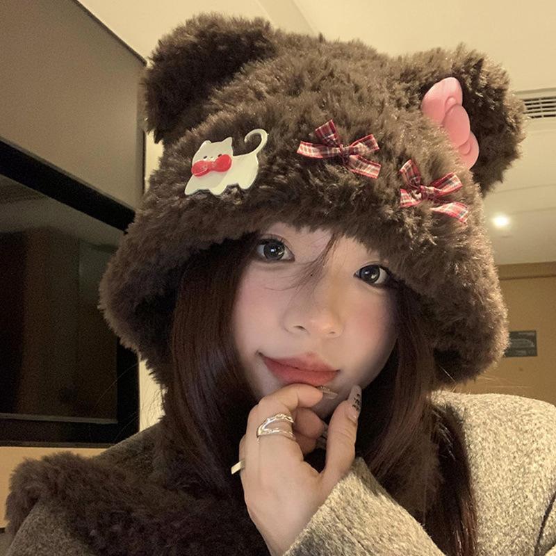 Cute Bear Ears Cat Bow Hat Women's Autumn and Winter Thickened Warm Plush Hat Ear Protection Knitted Lei Feng Hat