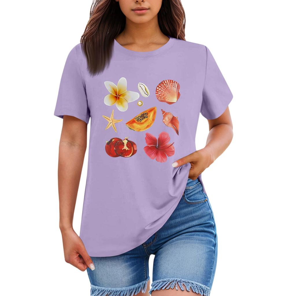 Ladies' Loose Comfortable Casual Fashionable  Fruit And Flower Pattern Printed Round Neck Short Sleeved Shirt