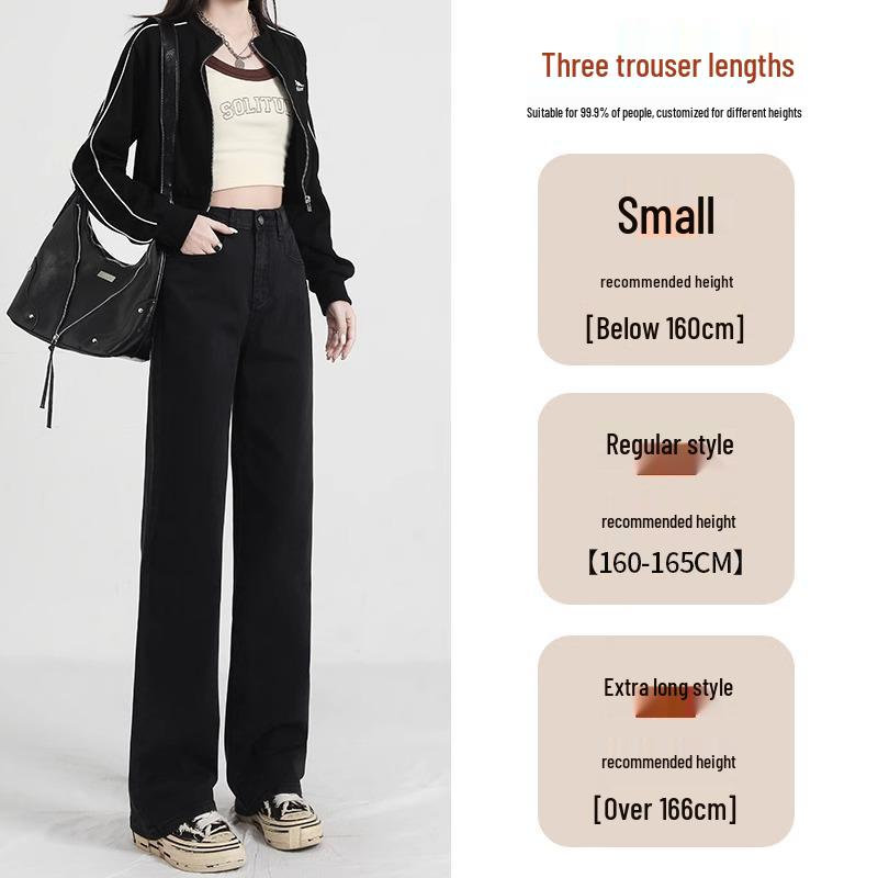 Women's High-Waisted Straight-Leg Black Jeans with Plus Velvet - Slimming & Wide-Leg, Petite Fit, Spring/Autumn 2025.