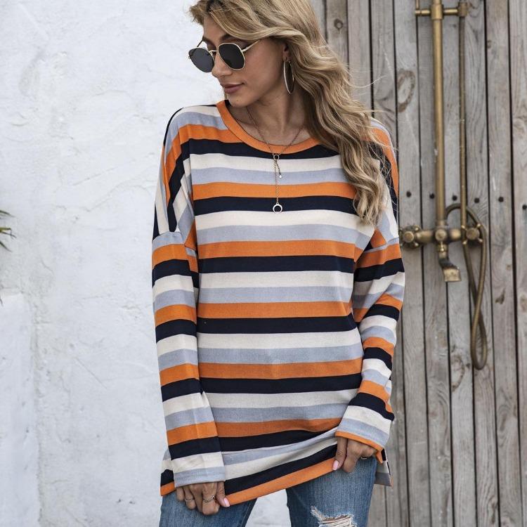 Oversize Women Loose Stripe Sweatshirt Sweater Round Neck Tshirt