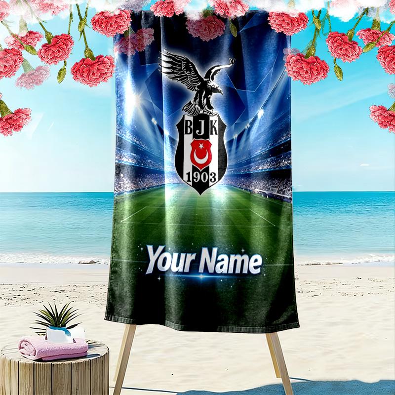 Personalisierbares Besiktas JK Logo Print Strandtuch, Großes Weiches Schnelltrocknendes Handtuch für Strand Camping Schwimmen