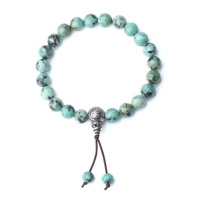 African Turquoise Antique Finish Silver Lightning Carving Safety Amulet Good Luck Power Stone Bracelet for Men [KOAI]