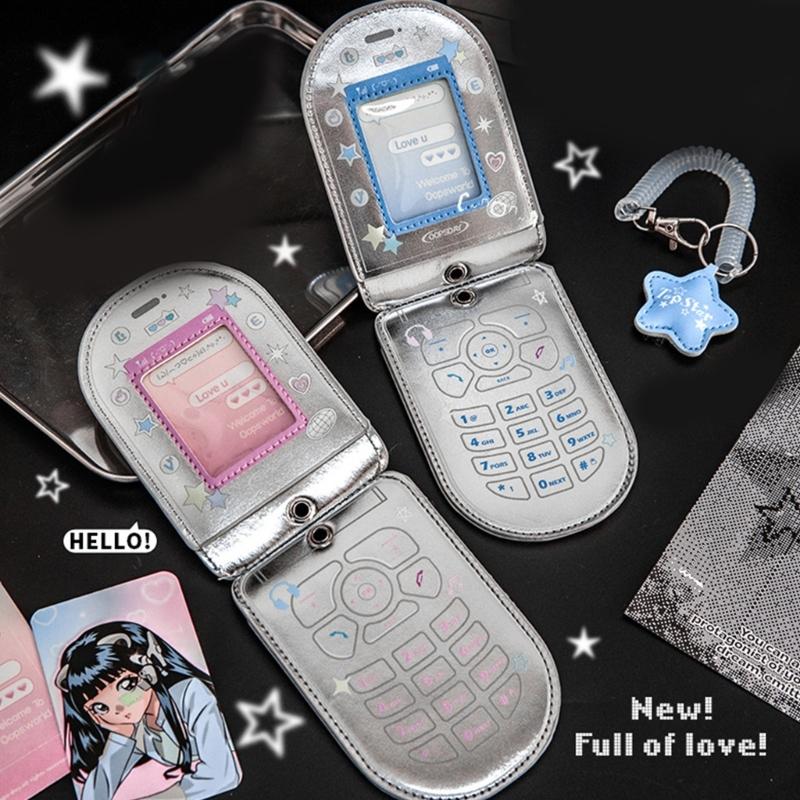 Porta-Cartão Fotográfico em Formato de Celular Flip com Pingente e Chaveiro de Mola Retrátil, Capas de Cartão de PU, Suporta 2-3 Cartões