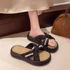 2025 new thick bottom stepping on shit feeling one-word sandals women summer wear Internet celebrity casual retro pearl national style slippers