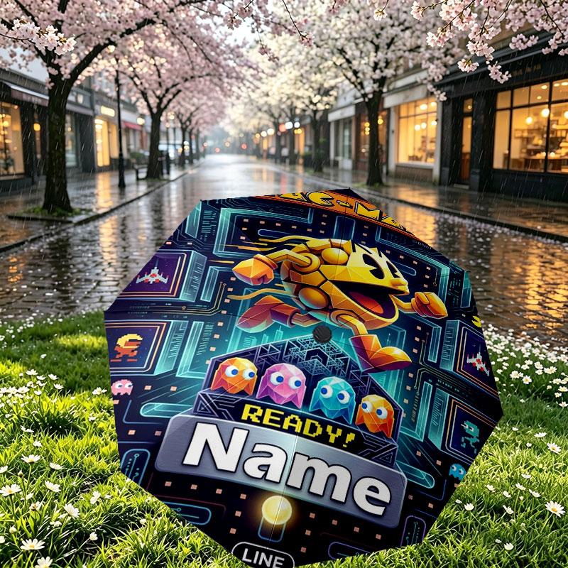 Custom Name Personalized PAC MAN Print Umbrella, Auto Open Close, 8‑Rib Sturdy Frame, Commute Camping Hiking Use, Birthday Gift