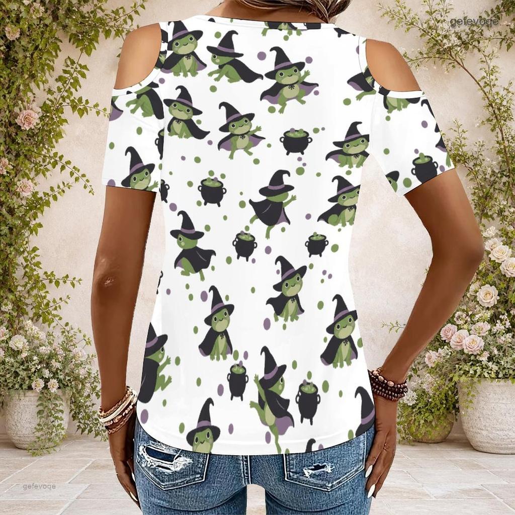 Women Plus Size Keyhole Ring Neck Cold Shoulder Short Sleeve Cartoon Bunny Print White T Shirt