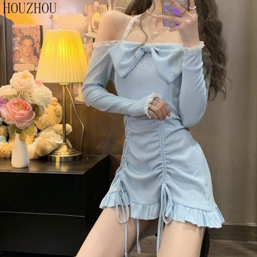 Strapless Bow Dress Spring French Sweet Hanging Neck Long Sleeve Drawstring Fishtail Dress