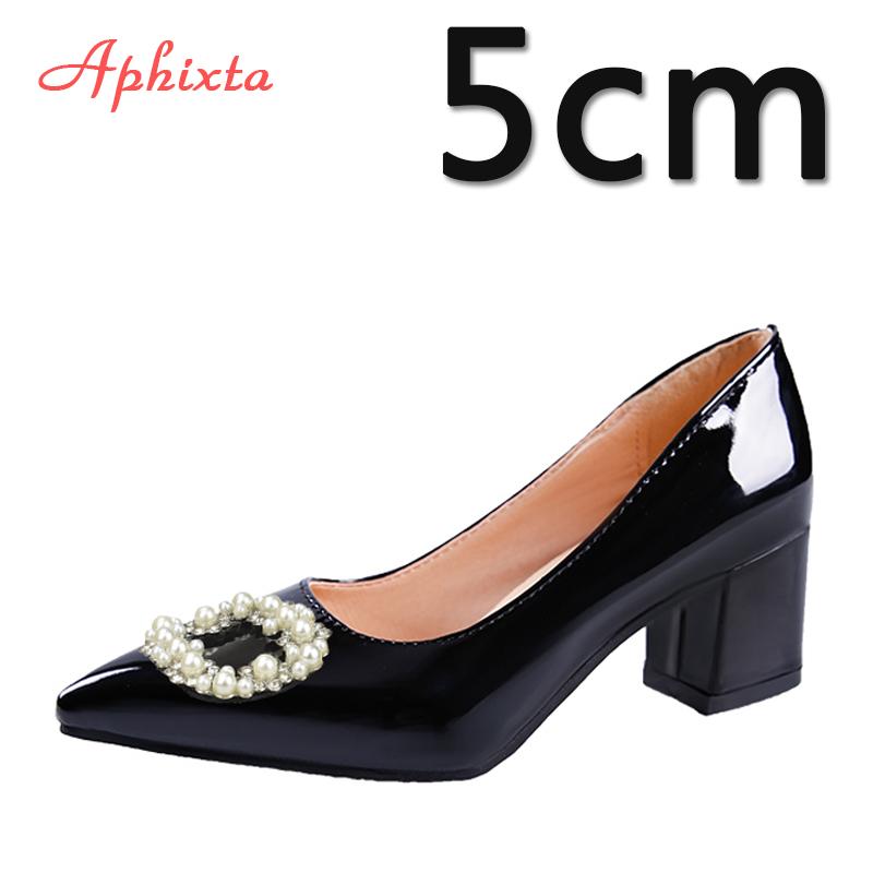 Aphixta 7cm 5cm Square Heels Patent Leather Pearl Buckle Shoes Woman Classics Pointed Toe Dress Official Pumps Party Big Size 48