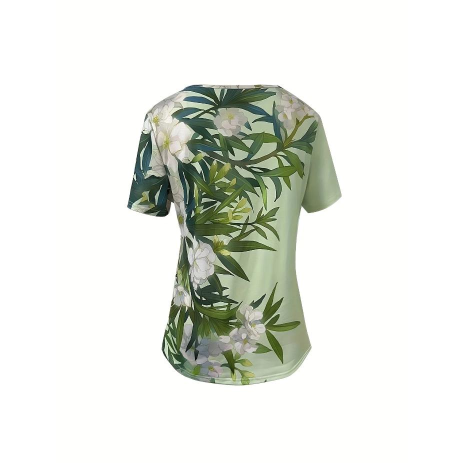 Chic Floral V-Neck Tee - Women's Breathable Short Sleeve Shirt for Spring/Summer Comfort T Shirts