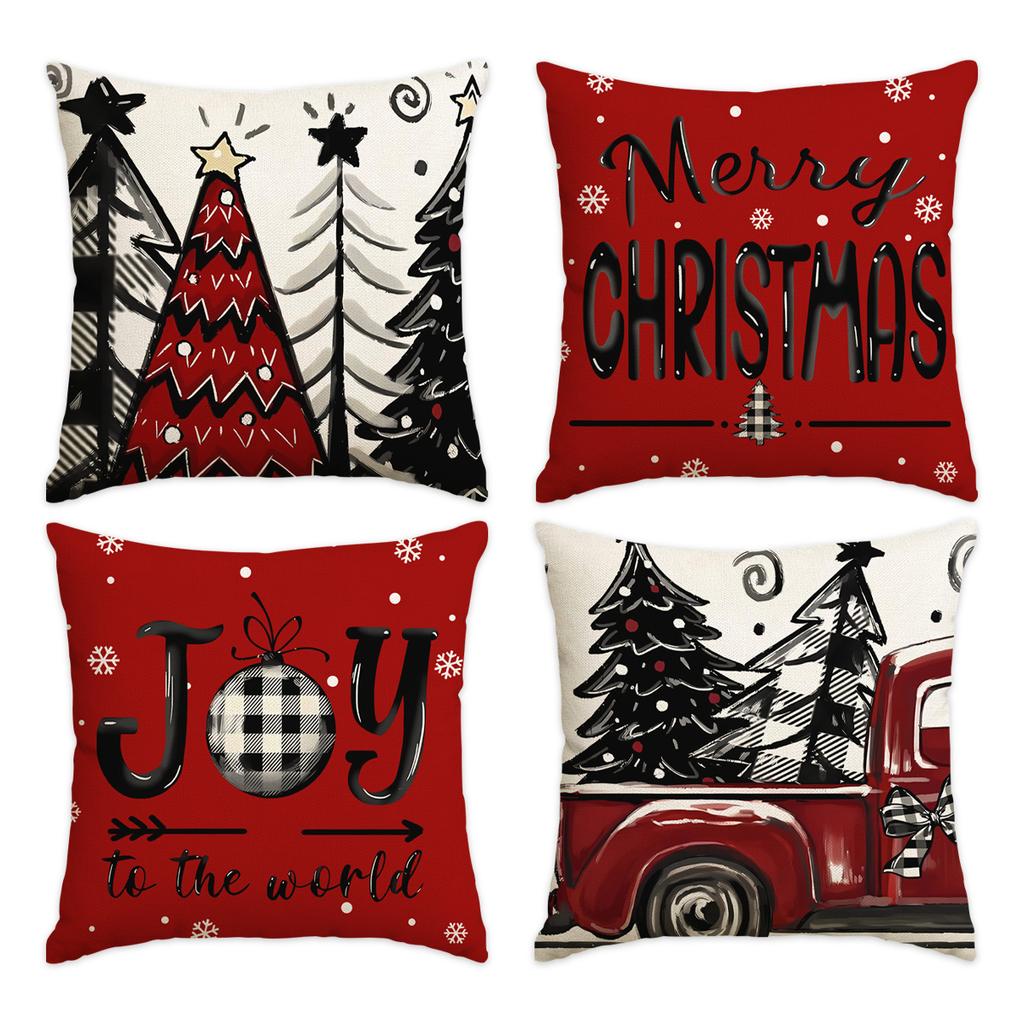 1/4Pcs Christmas Pillow Cover, Red Snowflake Letter Printed Cushion Cover, Christmas Decorative Pillowcase (Without Pillow Core)