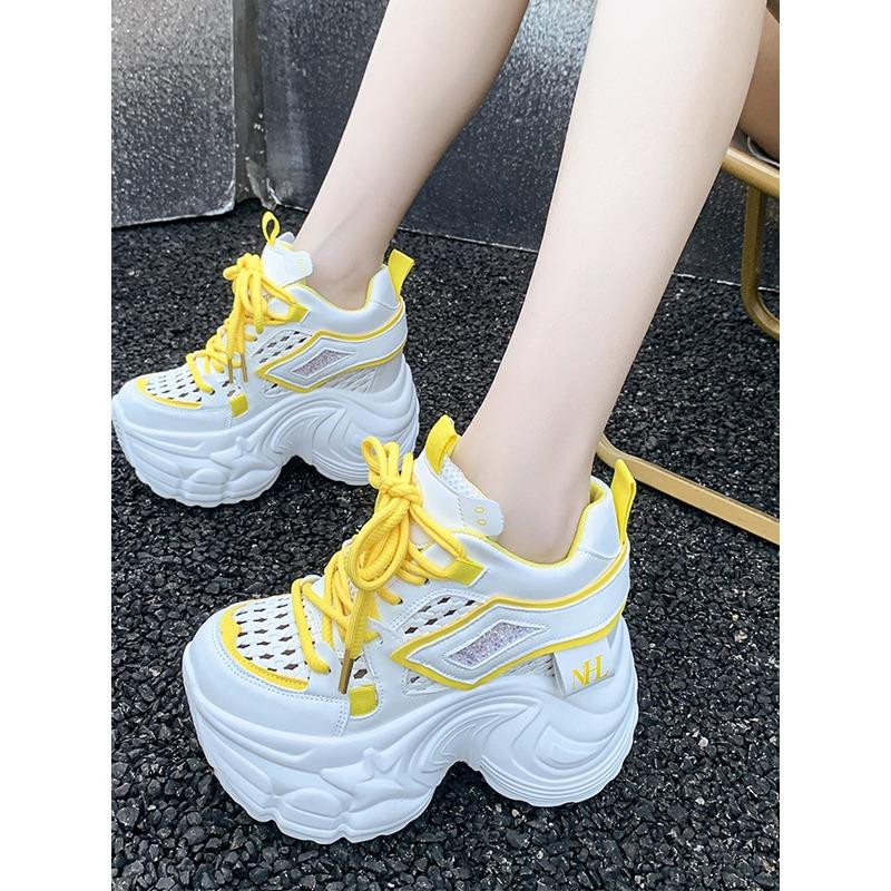 Mode 9CM Sommer Papa Schuhe Damen Dicke Sohle Atmungsaktives Mesh Sportlich Lässig Erhöhend Weiße Sneakers Modische Flache Schnürschuhe