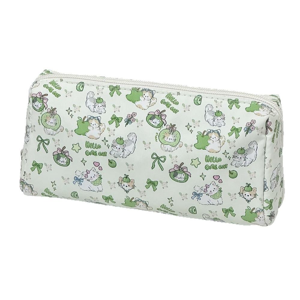 

Cute Zipper Pencil Bag Green Apple Kitten Large Capacity Pencil Case Cartoon Print Fresh Pen Bag Study Supplies