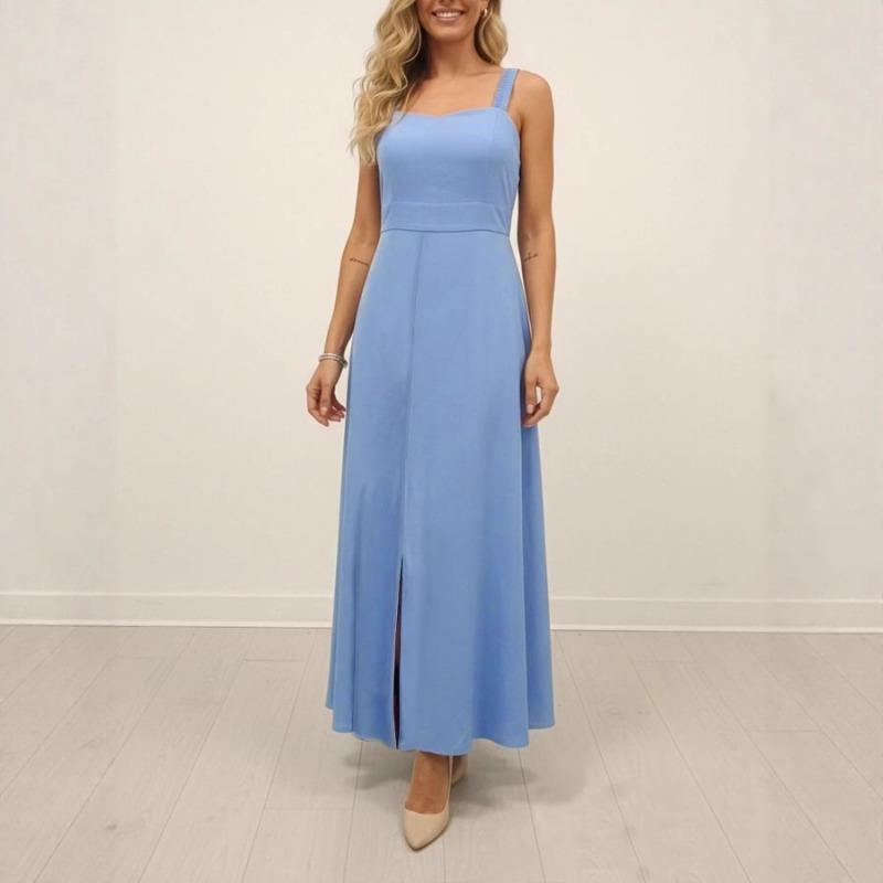 

Spring Summer Women s Light Blue Spaghetti Strap Square Neck High Waist Split Maxi Dress S синий