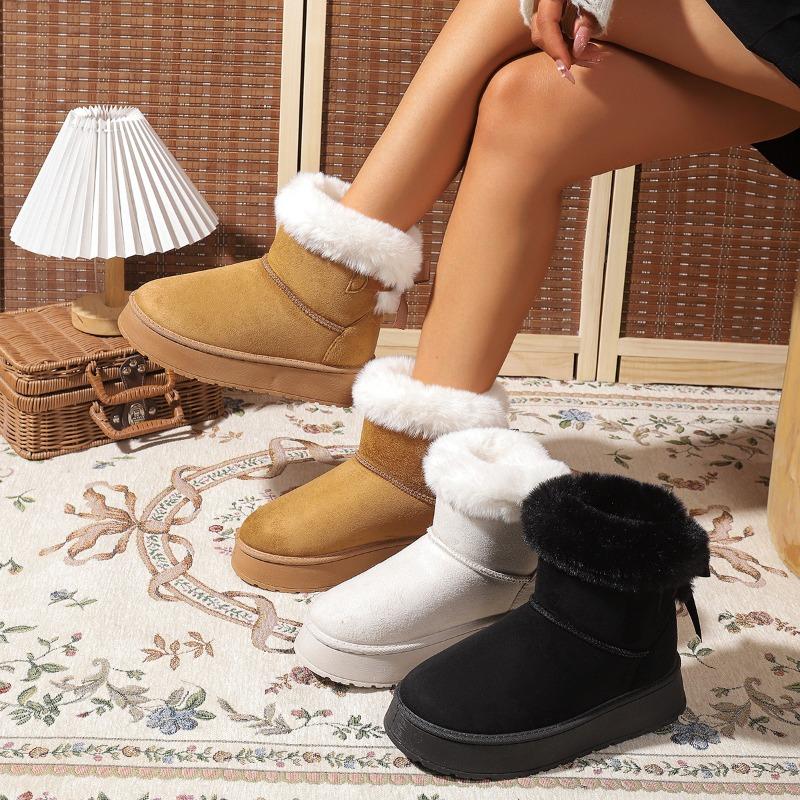 2025 Fall/Winter New Korean Style Round Toe Fashionable Comfortable Fuzzy Lined Slip-On Snow Boots for Women