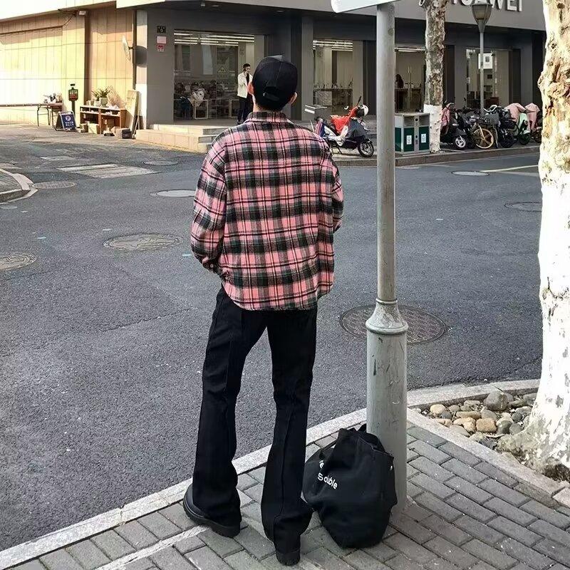 Wukong In Stock Street Style Color Block Plaid Short Sleeve Shirt Unisex Trendy Pocket Letter Embroidery Loose Couple Shirt