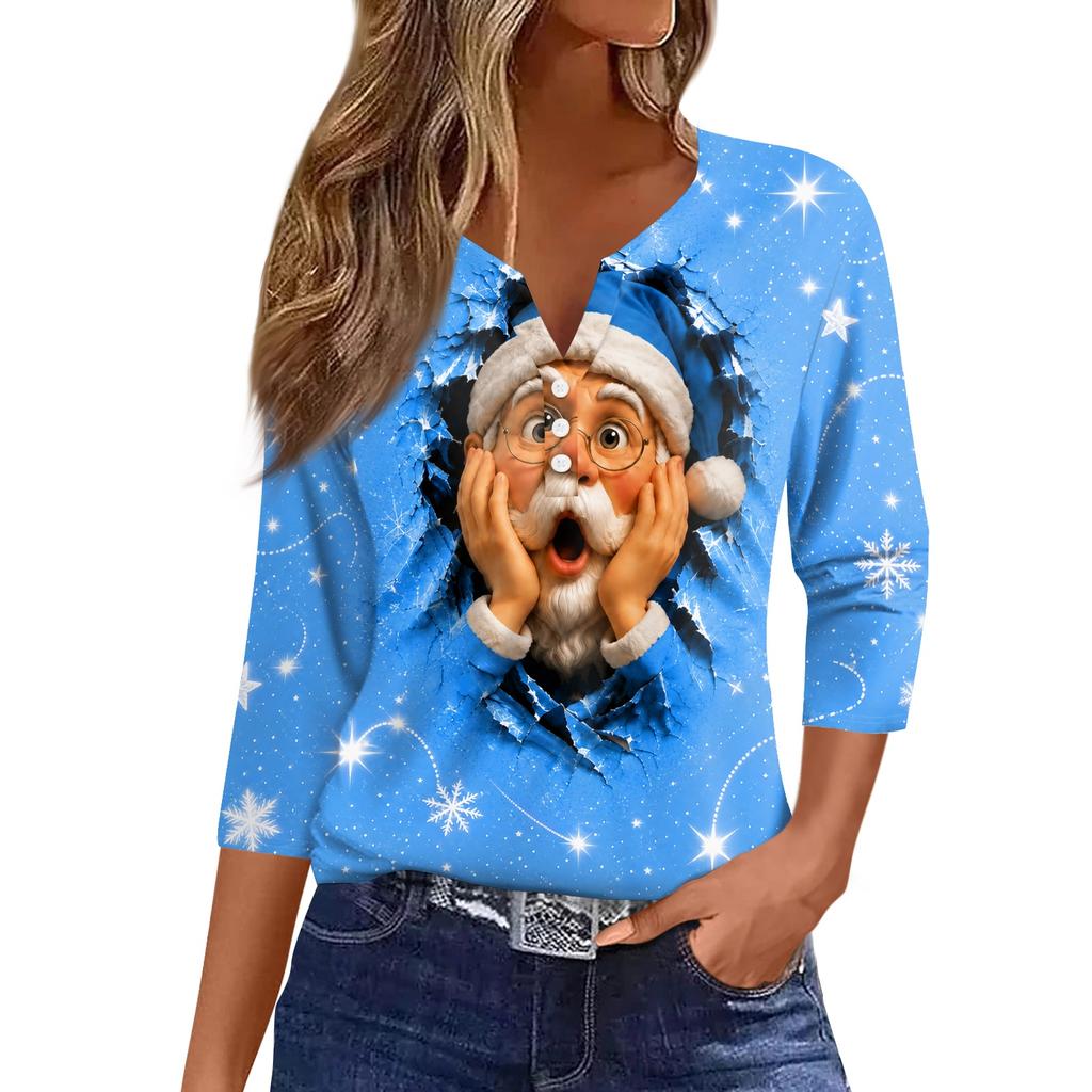 Women's Fashion Casual Christmas Print V-Neck 3/4 Sleeve Button T-Shirt Top