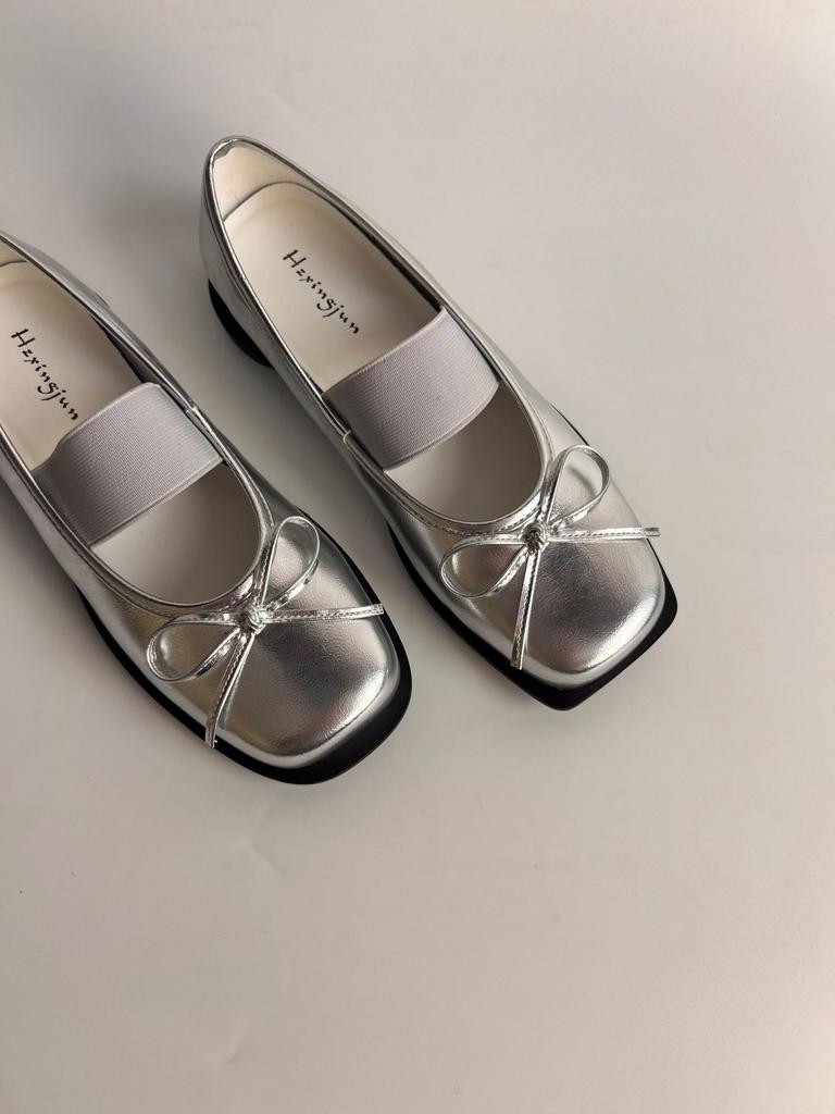 Retro Shallow Square Toe Ballet Shoes Women Bow New One Word Belt Round Thick Heel Mary Jane 2025 Slip On Black Casual Shoes