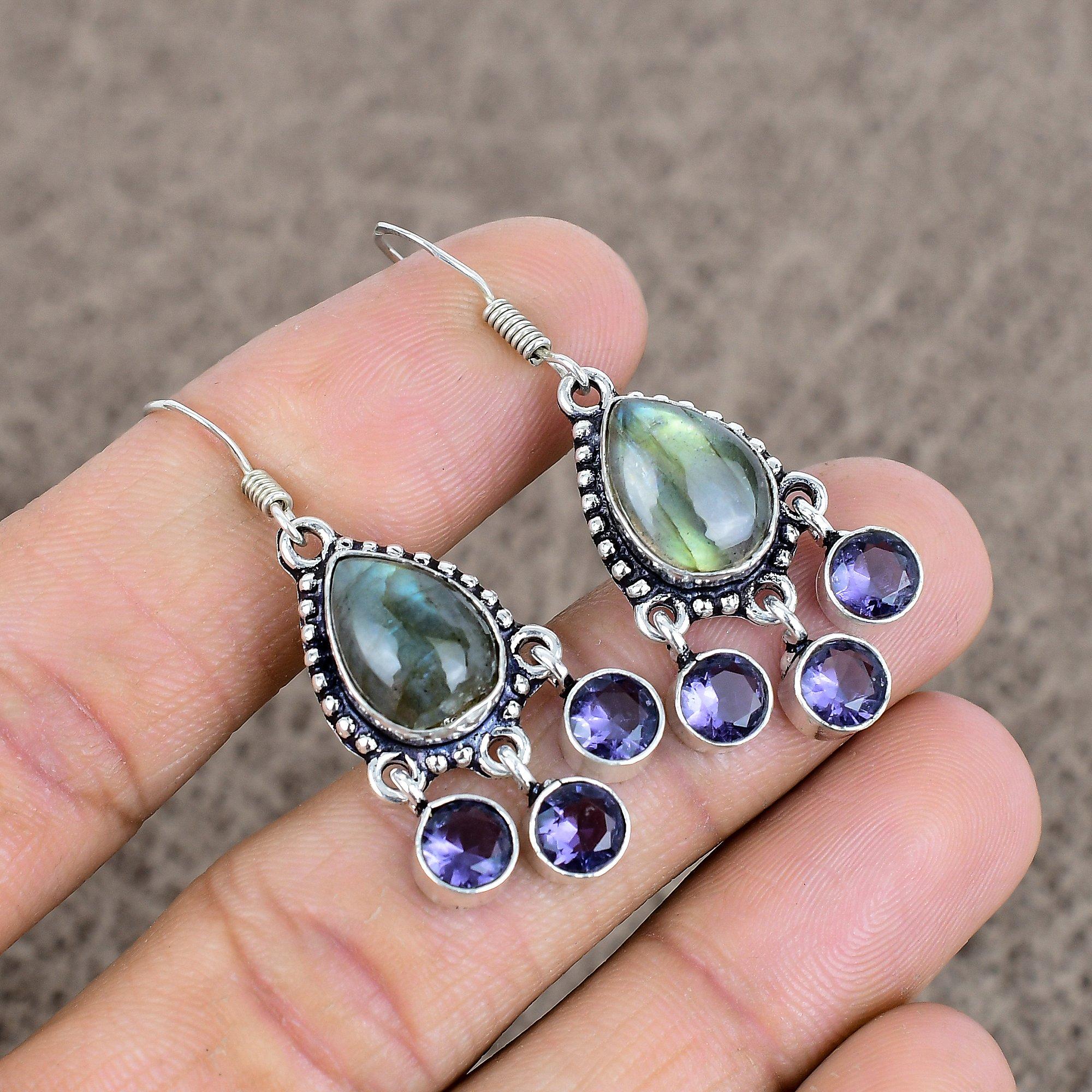 

Labradorite, Amethyst Gemstone 925Sterling Silver Jewelry Earring 1.77 KKG-126