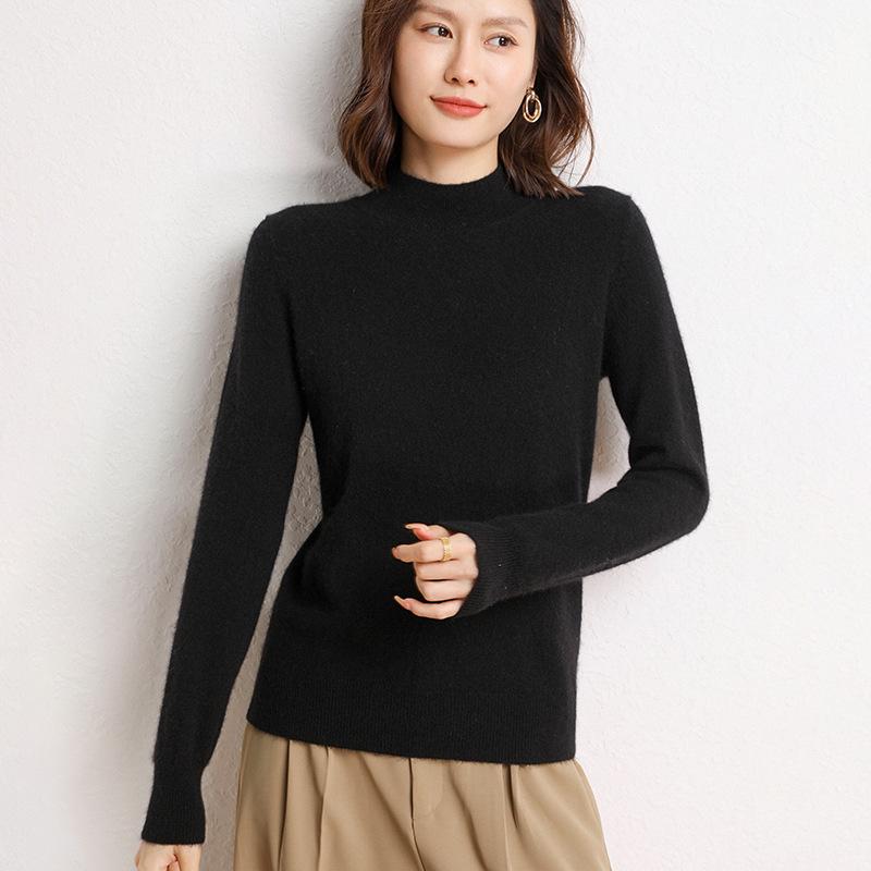 Women's Loose Fit Cashmere Half-High Neck Sweater - Soft, Classic Autumn/Winter Knit Base Layer