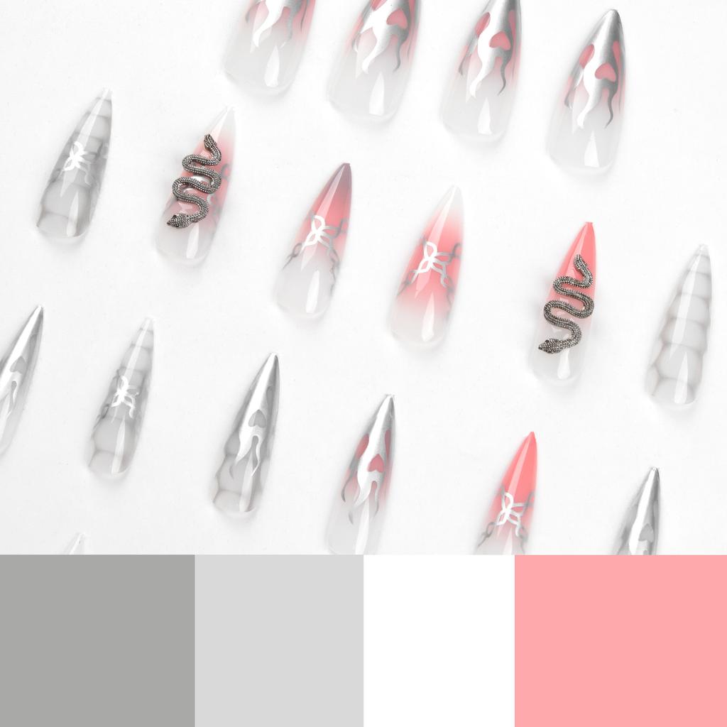 Wearable nail sticker Silver flame chain Pink smudged snake pattern rhinestone nail piece Removable nail