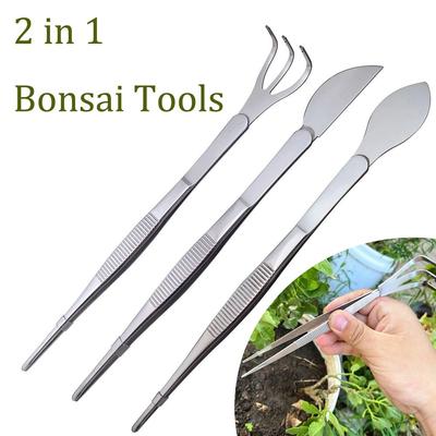 Handheld Bonsai Tweezers 2-in-1 Gardening Rake Stainless Steel Root Rake  for Succulents Crafting