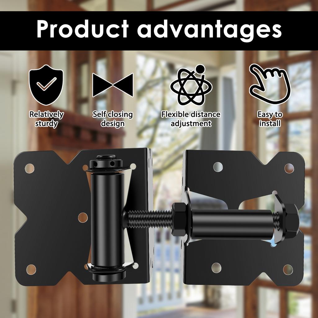 4PCS Self Closing Gate Hinges Heavy Duty with Installation Screws and Swing Adjuster Tool 90 Degree Adjustable Hinges for Fence