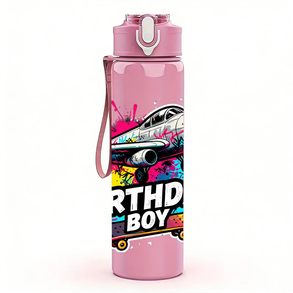 1PC Jet Plane Skate Birthday Boy Text 750ml Color Plastic Water Bottle Leakproof Flip Straw Lid For Sports Office Home Use